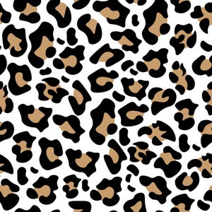 Puede incluir: Un patrón repetitivo sin costuras que presenta un diseño clásico de estampado de leopardo. El gráfico consiste en contornos negros irregulares y manchas negras sólidas dispersas sobre un fondo blanco, con rellenos de color beige en las manchas.