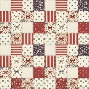 Könnte beinhalten: Ein Patchwork-Design mit Quadraten mit verschiedenen Mustern. Die Quadrate weisen Streifen, Sterne, Blumendrucke und Schleifen in Rot, Weiß und Marineblau auf. Das Design erinnert an ein Quilt- oder Stoffmuster.