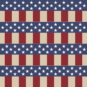 May include: A repeating pattern featuring alternating bands of red and tan vertical stripes, interspersed with blue bands adorned with white stars. The design evokes a patriotic theme, reminiscent of the American flag.
