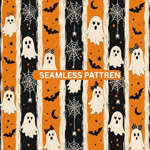 May include: A seamless pattern featuring vertical stripes in orange and black with a distressed texture. The design includes white ghosts, some wearing patterned bows, black bats, spider webs, small stars, and crescent moons. Text reads SEAMLESS PATTREN.