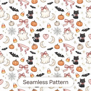 May include: A seamless pattern featuring repeating illustrations of white ghosts with pink bows, black cats with pink bows, orange pumpkins, candy corn, crescent moons, black bats, spider webs, pink ribbons, and heart shapes on a white background.