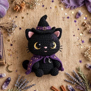 May include: A black crocheted cat plush toy wearing a purple cape and a matching witch hat. The cat has large yellow eyes, pink inner ears, and a small pink nose. The cape is decorated with gold moon and star patterns and a silver crescent moon charm.