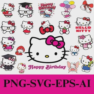 Può includere: Una collezione di illustrazioni di Hello Kitty in varie pose, alcune con accessori come occhiali, cappelli di laurea e palloncini. Appare la frase "Happy Birthday", insieme al testo "HELLO KITTY" e alle opzioni del tipo di file.