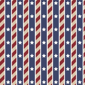 May include: A patriotic pattern featuring vertical stripes in red, white, and blue. Alternating stripes include red diagonal lines, white stars on a blue background, and tan stripes. This design is suitable for various crafts and decor.