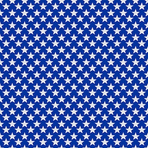 May include: A seamless pattern of white five-pointed stars evenly spaced on a deep blue background. The stars are uniformly sized and arranged in neat rows and columns, creating a repetitive, all-over design.