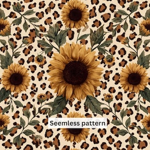 May include: A seamless pattern featuring a repeating design of yellow sunflowers with dark brown centres and green leaves set against a beige background with a brown leopard print. The text "Seamless pattern" is printed in black on a white rectangle.