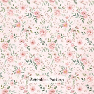 May include: A seamless pattern featuring watercolor-style pink roses and green leaves arranged in clusters over a light pink background with a subtle, faint beige leopard print design. The text Seamless Pattern is centered at the bottom.