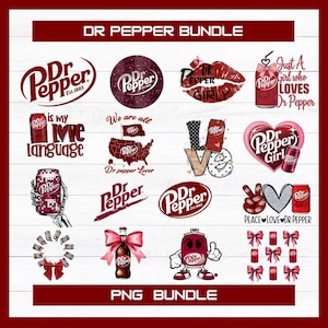 May include: A collection of Dr Pepper-themed graphics, including logos, cans, and phrases like "Just a girl who loves Dr Pepper" and "Dr Pepper Girl." The designs feature the brand's signature maroon and white color scheme. The words "PNG BUNDLE" are also visible.