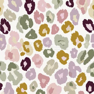May include: A repeating pattern on a white background featuring irregular, organic leopard-style spots in shades of dusty pink, olive green, mustard yellow, deep plum, and light lavender. The design consists of soft-edged, multi-colored shapes.