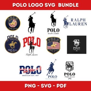 Puede incluir: Una colección de logotipos de Polo Ralph Lauren con el icónico emblema del jugador de polo. Los diseños incluyen variaciones de texto y la bandera estadounidense. La imagen también muestra "POLO LOGO SVG BUNDLE" y opciones de tipo de archivo.