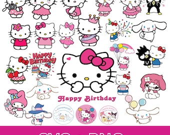 Pode incluir: Uma coleção de ilustrações digitais com Hello Kitty e amigos em várias poses, incluindo temas de aniversário, balões e chapéus de festa. O texto Happy Birthday aparece em rosa. A parte inferior exibe o texto SVG + PNG.