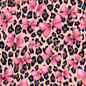 May include: A repeating pattern featuring light pink bows scattered across a background of black and brown leopard print spots on a light peach surface. The bows vary in size and orientation, creating a consistent graphic design throughout.