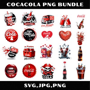 May include: A collection of Coca-Cola themed graphics in red and white. The images include bottles, cans, and logos with text such as "Delicious Cola", "Original Cola", and "Enjoy Cool Cola". The bundle also includes the text "SVG, JPG, PNG".