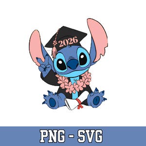 Op de afbeelding: Een blauw stripfiguur met een afstudeerhoed met "2026", een afstudeer toga en een bloemenkrans. Het personage houdt een diploma vast en maakt een vredesteken. De afbeelding heeft een witte achtergrond met "PNG - SVG" in een blauwe banner.
