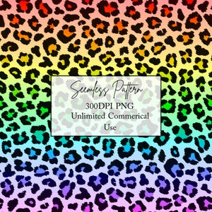 May include: A seamless pattern featuring a vibrant rainbow gradient background with black leopard spots. A central white rectangular overlay displays the text: Seamless Pattern, 300DPI PNG, Unlimited Commerical Use.