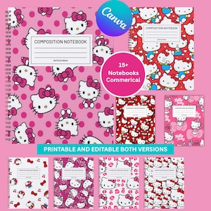 Op de afbeelding: Een collectie spiraalgebonden notitieboeken met Hello Kitty-patronen in diverse kleuren, waaronder roze en rood. Elke kaft van het notitieboek toont een wit label met de tekst COMPOSITION NOTEBOOK en NOTES & IDEAS.