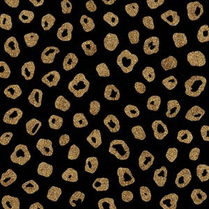 May include: A black background featuring a repeating pattern of irregular, circular shapes in a textured gold glitter finish. The shapes vary in size and form, resembling an abstract animal print design with a metallic, sparkling appearance.