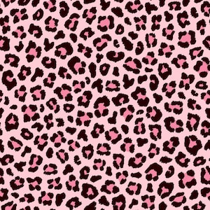 Puede incluir: Un patrón repetitivo con un fondo rosa claro cubierto de manchas de leopardo de color marrón oscuro. Las manchas tienen formas irregulares y tamaños variados, creando un diseño de estampado animal continuo en toda la superficie de la tela.
