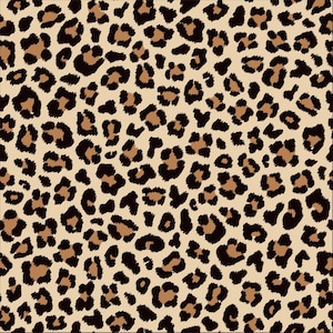 May include: A seamless pattern featuring a leopard print design. The pattern consists of dark brown and tan spots on a light tan background. The spots vary in size and shape, creating a classic animal print.