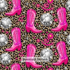 May include: A repeating pattern featuring bright pink cowboy boots, silver disco balls, pink flowers, and silver starbursts set against a tan and black leopard print background. The text Seamless Pattern is centered in the middle of the image.
