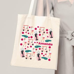 Womens Pink Golf Tote Bag, Custom Name Tote Bag Womens Golfing Gift Personalized Preppy Golf Cotton Tote Bag Cart Girl Golf Bag Women