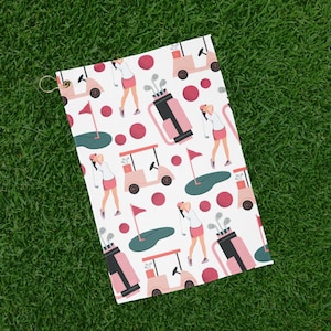 Womens Golf Towel with Cute Pink Golfing Print Polyester Golf Towel with Clip, Golfing Gifts for Her, Golf Gift, Golf Bag Towel, Preppy Golf