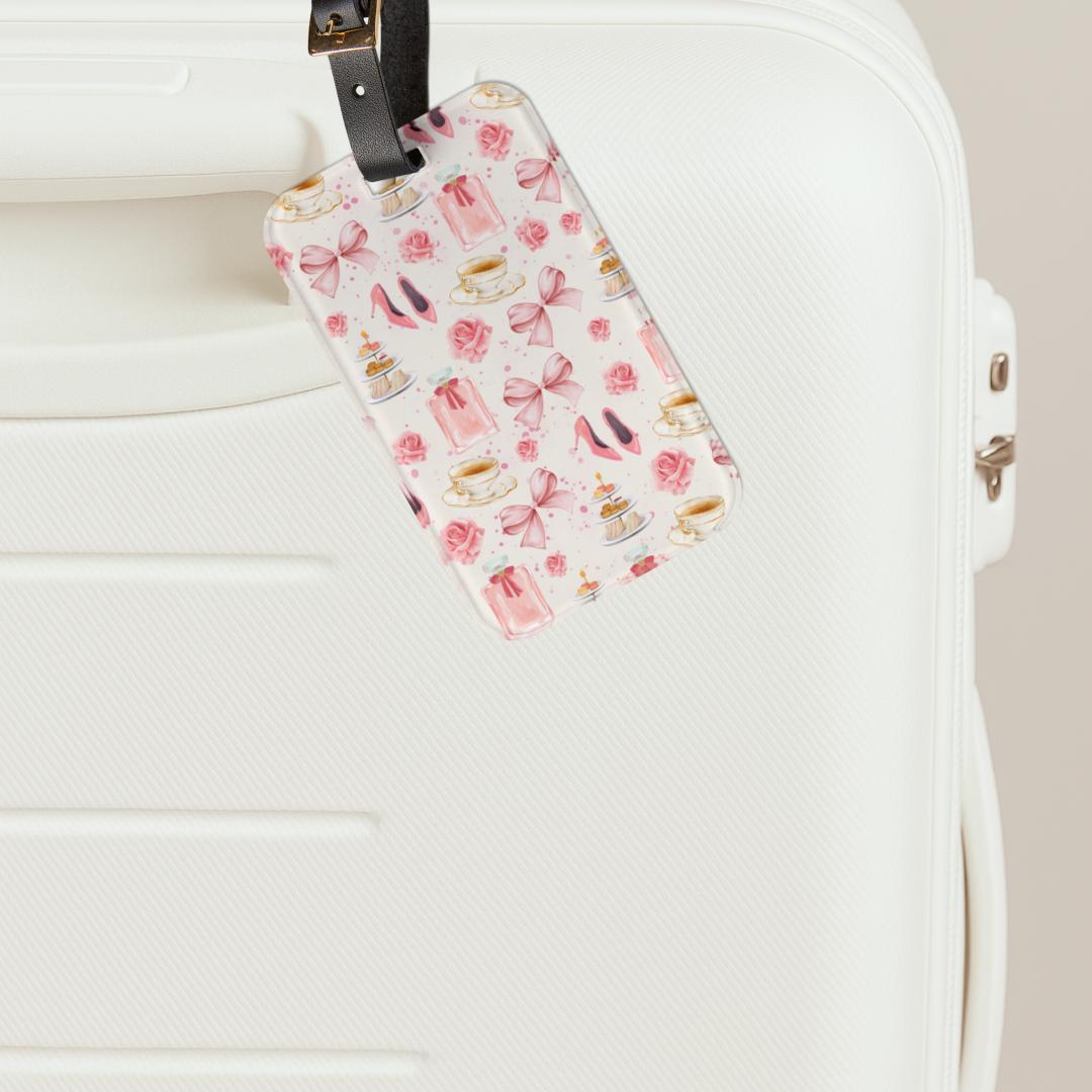 Etichette per bagagli con rose e fiocchi rosa, per valigie e bagagli