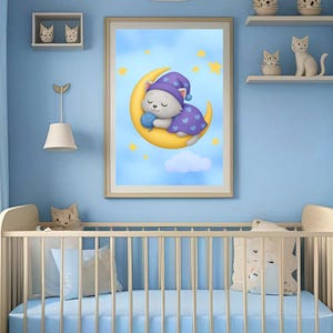 Verträumtes Kätzchen auf Mondsichel | Tier Druck für Baby Zimmer | Haustier Kunst | Katzen Kunst | Kätzchen Kunst | Sofort Download