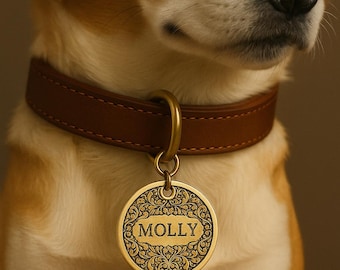 May include: A brown leather dog collar with a gold-colored tag. The tag is engraved with the name "MOLLY" and decorative scrollwork. The text "DESIGN 4" is below the tag.