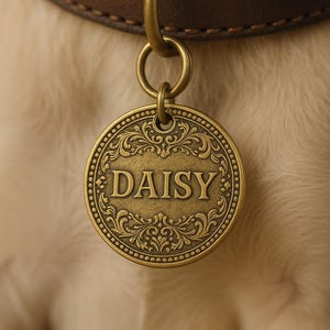 Könnte beinhalten: Nahaufnahme eines Hundehalsbands mit einem runden, antikgoldfarbenen Anhänger. Der Anhänger ist mit dem Namen "DAISY" und dekorativen Schnörkeln graviert. Das Halsband ist aus braunem Leder, mit dem Text "DESIGN 1" unten.