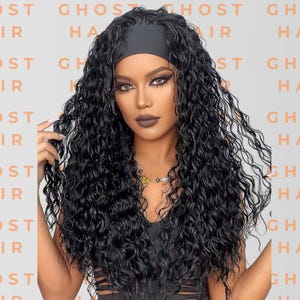 Long Curly Headband Wig for Women Black Wavy Synthetic Hair 26 Inch Natural Look Wig for Everyday Wear, Cosplay, Halloween or Gifts