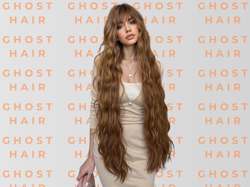 May include: A person with long, wavy, light brown hair, wearing a beige dress and a necklace. The background features the repeated text "GHOST HAIR" in a peach colour.