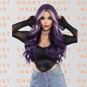 Violet Purple Long Wavy Wig with Skunk Stripe – 28&quot; Middle Part Synthetic Hair for Women – Cosplay, Party, and Streetwear Statement Look