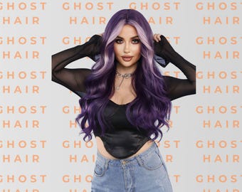 May include: A woman with long, wavy purple and white hair. She wears a black top, a silver choker, and blue jeans. The background features the words "GHOST HAIR" in a repeating pattern.