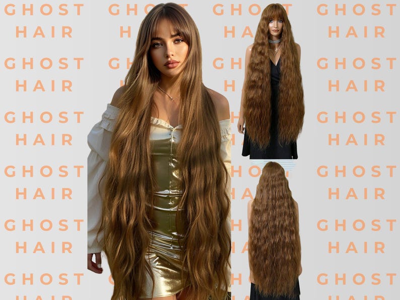 May include: A woman with long, wavy, light brown hair, wearing a gold dress and a white top. The image includes three additional views of the hair. The text "GHOST HAIR" is repeated in the background.