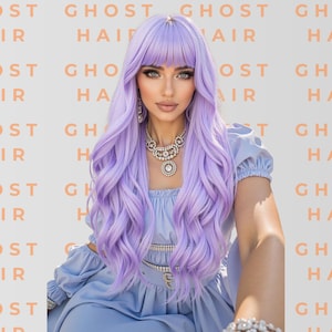 May include: A woman with long, wavy, lavender-colored hair and bangs. She wears a light blue dress and a sparkling necklace. The background features the text "GHOST HAIR" in a repeating pattern.