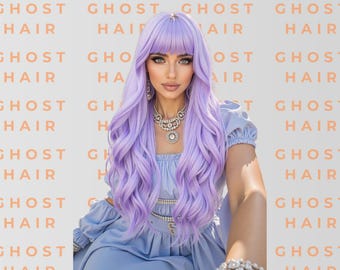 Long Lavender Purple Wig with Bangs – 26 Inch Wavy Heat-Resistant Synthetic Hair for Daily or Party Wear
