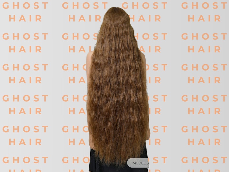 May include: A person with long, wavy, light brown hair, seen from behind. The hair falls down the back. The background has a repeating pattern of the words "GHOST HAIR". The text "MODEL S" is at the bottom.