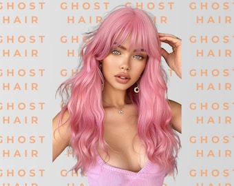 Pink 24 Inch Long Curly Synthetic Wig With Bangs for Women  display picture 1