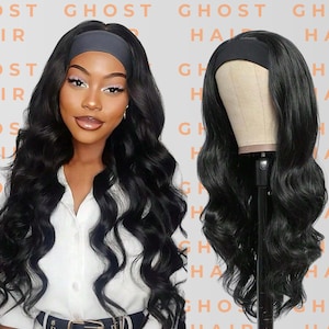 Real Hair Body Wave Headband Wig – 180% Density Curly Half Wig for Women – Glueless, Natural Black, No Lace, Easy Wear for Daily or Events