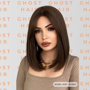 Brown Straight Bob Wig with Curtain Bangs – 16&quot; Middle Part Synthetic Hair Wig for Women – Heat-Resistant Daily or Party Shoulder-Length