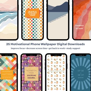 Pode incluir: Um conjunto de 25 papéis de parede digitais para telefone com citações motivacionais. Os papéis de parede apresentam uma variedade de designs e padrões coloridos, incluindo formas geométricas, arte abstrata e cenas da natureza. As citações incluem mensagens sobre sucesso, motivação, disciplina e mentalidade.