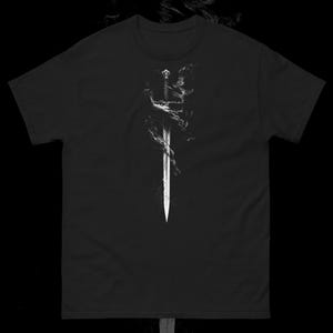 Dark Fantasy Sword Unisex T-Shirt - Gothic Medieval Design with Mystical Black and White Art for Alternative and Edgy Fashion Fans
