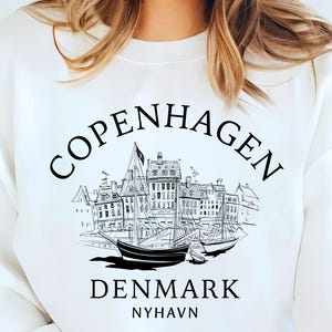 Copenhagen Denmark Nyhavn Crewneck Sweatshirt, Vintage Monochrome Harbor Drawing, Scandinavian Travel Gift, Nordic City Architecture Shirt