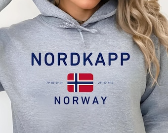 Felpa con cappuccio Nordkapp Norvegia, pullover Circolo Polare Artico, felpa con cappuccio bandiera norvegese, maglione Capo Nord, felpa da viaggio Scandinavia, felpa con cappuccio Norvegia
