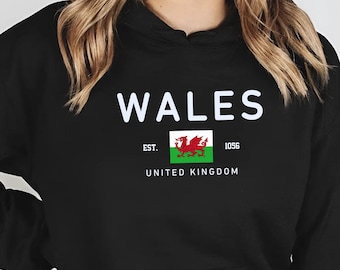 Wales Hoodie, Cymru National Pride Sweater, United Kingdom Heritage Top, Welsh Red Dragon Souvenir, UK Travel Gift, St Davids Day Pullover