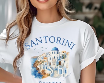 Santorini Greece Shirt, Greek Island T-Shirt, Blue Dome Tee, Cycladic Summer Tee, Greece Souvenir, Chambray Coastal Shirt, Santorini