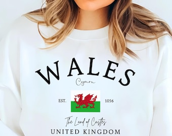 Wales Sweatshirt, Cymru Top, Land of Castles Pullover, Welsh Royal Sweater, Wales UK Travel Souvenir, United Kingdom Tshirt, Celtic Heritage