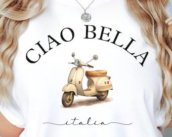 Maglietta vintage Ciao Bella, maglietta Italia, maglietta Ciao Bella Italia, maglietta grafica vintage, scooter italiano, maglietta retrò Italia