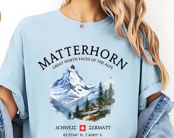 Matterhorn-Zermatt-T-Shirt, T-Shirt mit Motiven der Nordwände der Alpen, Souvenir für Bergreisende in der Schweiz, Schweiz-Shirt, Matterhorn-T-Shirt